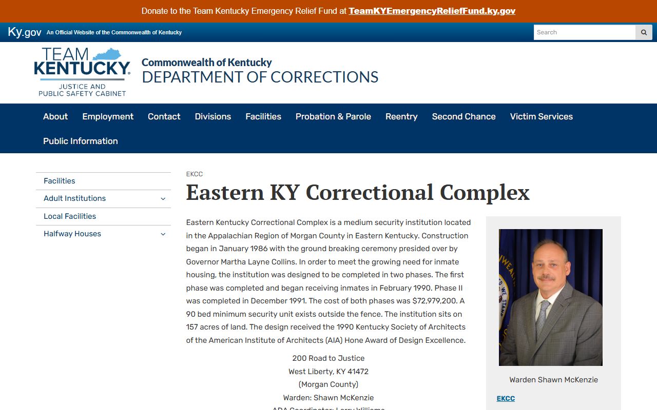 Eastern Kentucky Correctional Complex inmate lookup overview for Morgan County state prison records