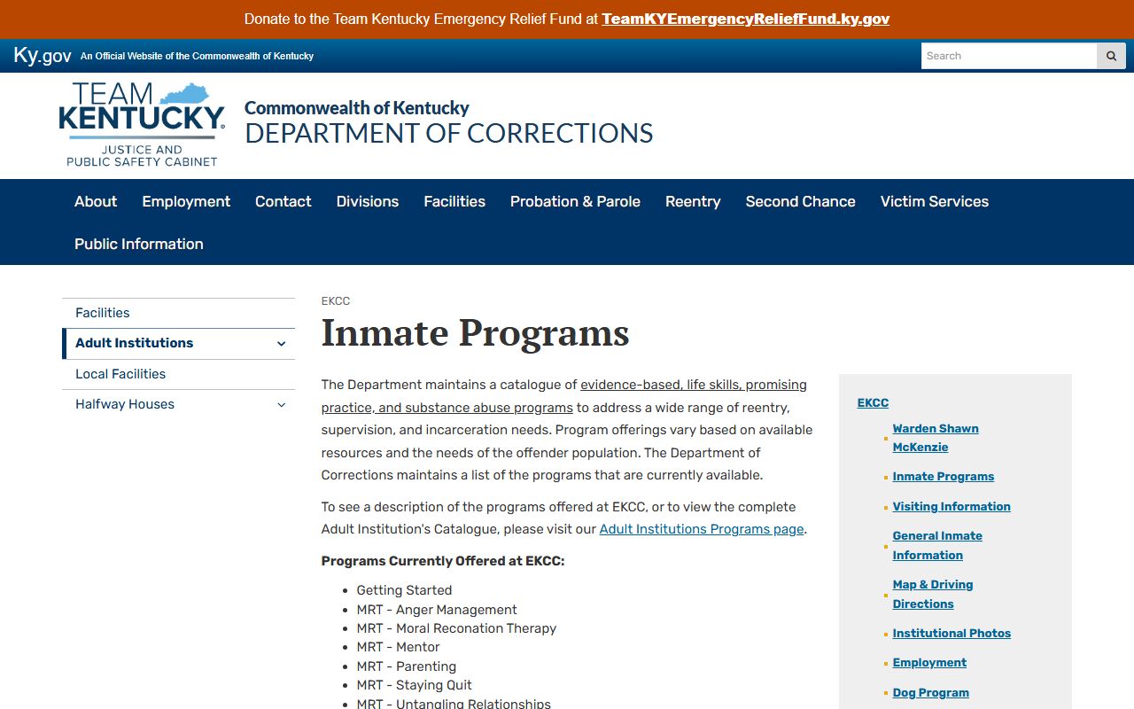 Eastern Kentucky Correctional Complex inmate programs for state prison reentry and education