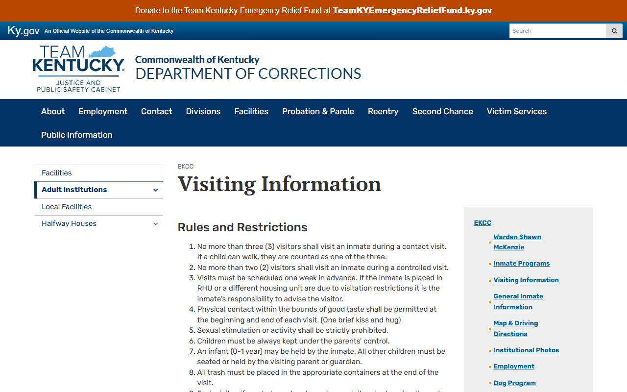 Eastern Kentucky Correctional Complex inmate visitation schedule and video visit rules